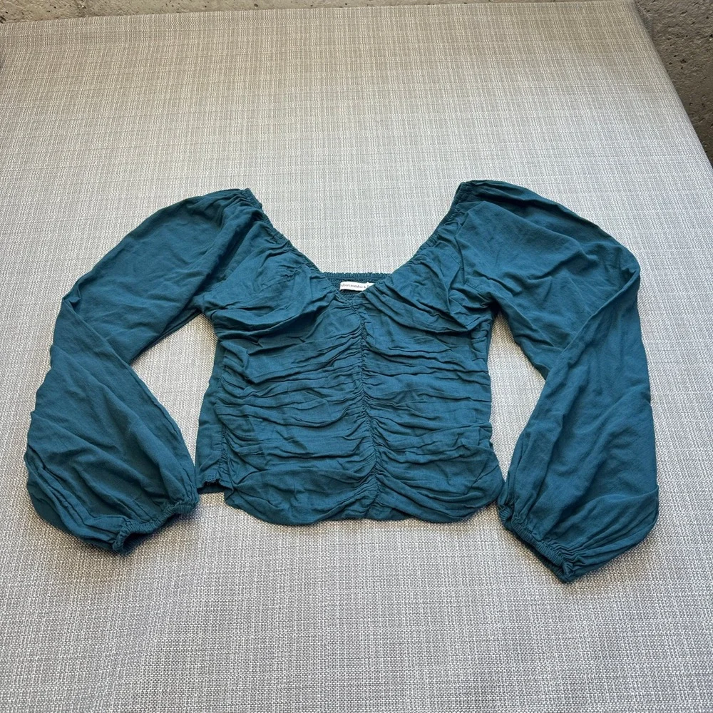 Abercrombie Ruched‎ Milkmaid Puff Sleeve Top Medium Cottagecore Green Smocked